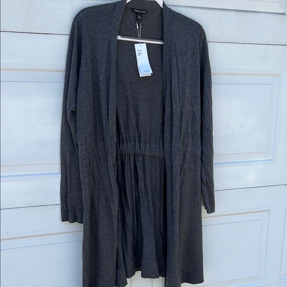 Eileen Fisher Gray Cardigan Sweater with Open Front and Drapey Silhouette